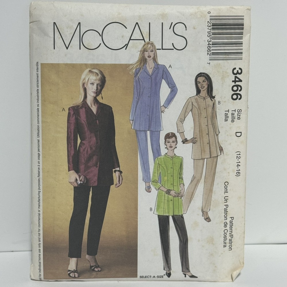 McCall's Sewing Pattern 3466 Misses' Tunics and Pants Size 12-16 Factory Folded